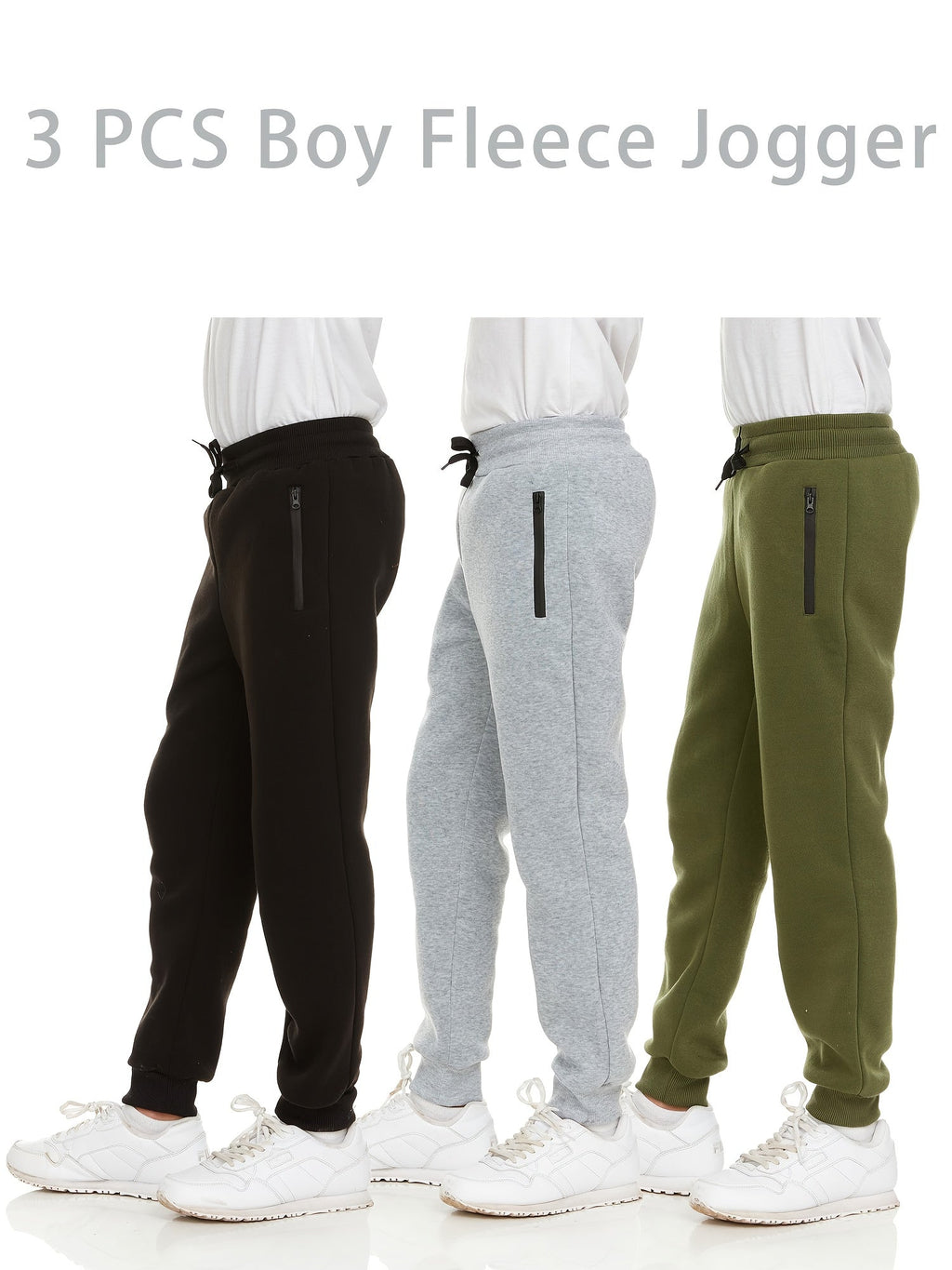 Boys' Fleece Jogger Pants 3-Pack with Zipper Pockets and Drawstring Waists for Sports and Casual Wear