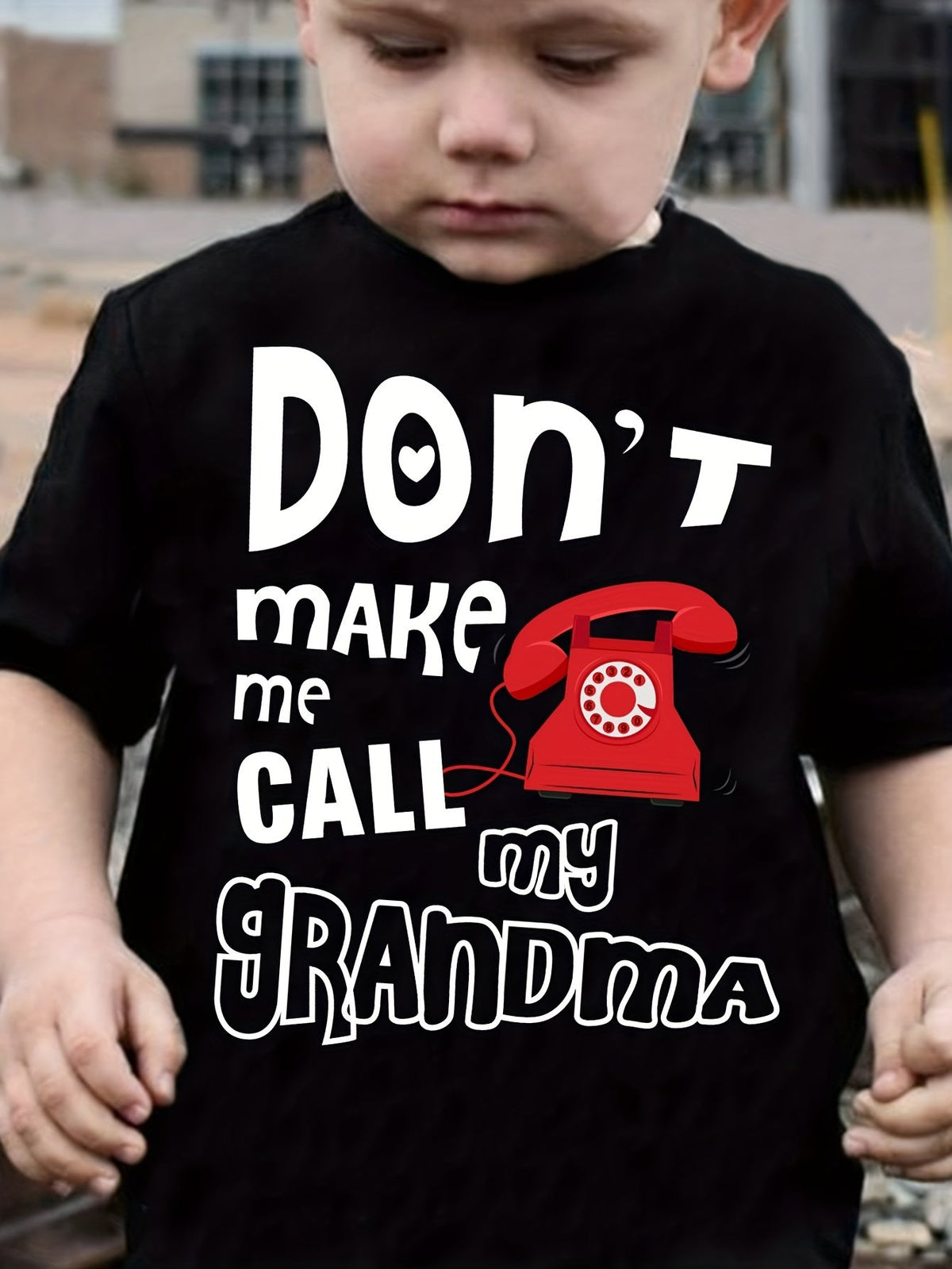 Boys' Don't Make Me Call My Grandma T-Shirt in Black with a Red Telephone Graphic and Short Sleeves
