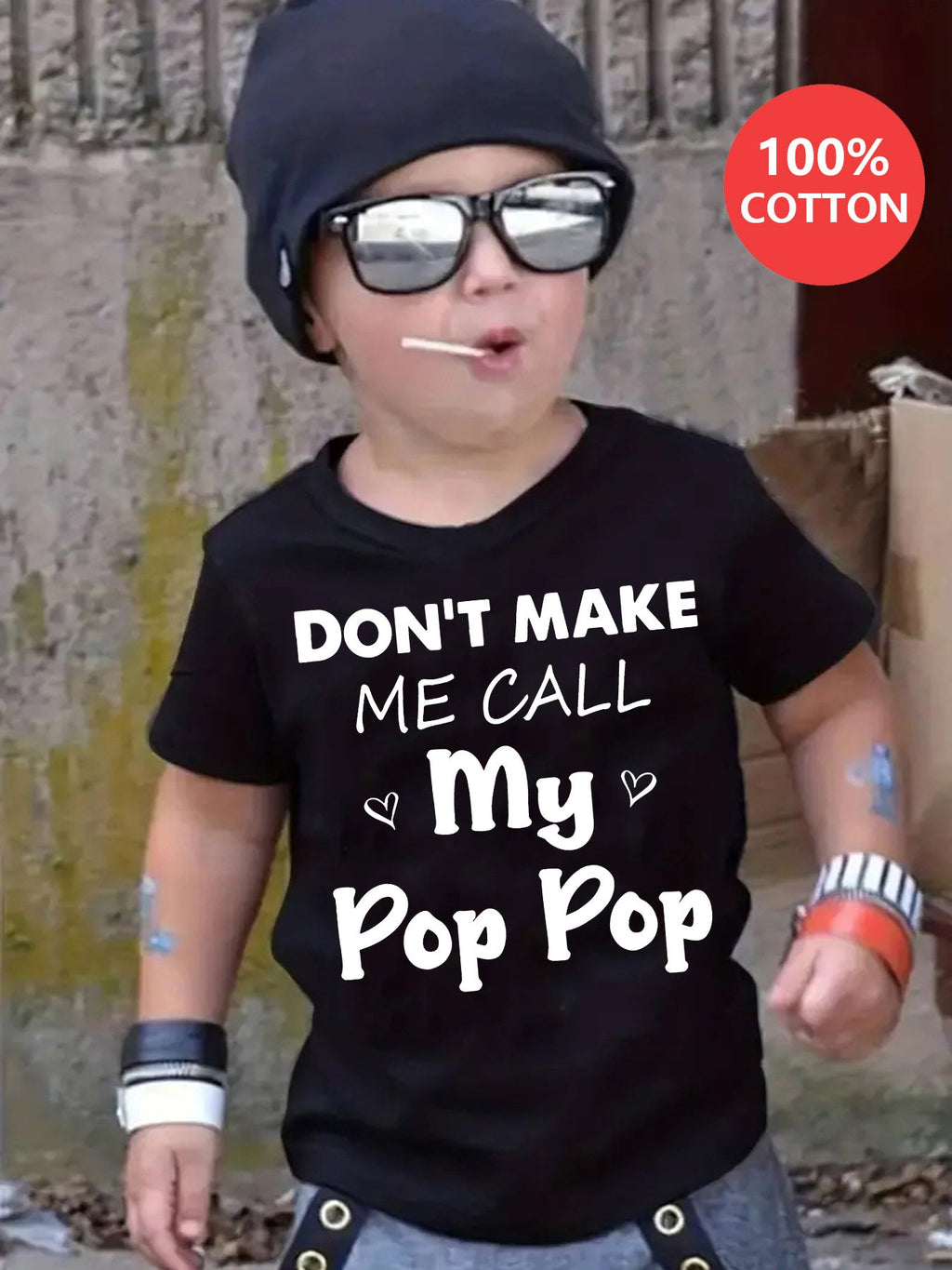 Boys' Don't Make Me Call My Pop Pop Cotton T-Shirt in Black with White Lettering for Everyday Outfits