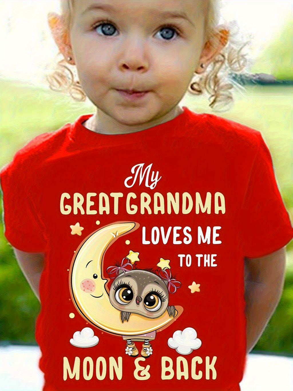 Boys' Great Grandma Loves Me T-Shirt in Red with an Owl on the Moon Graphic and Short Sleeves