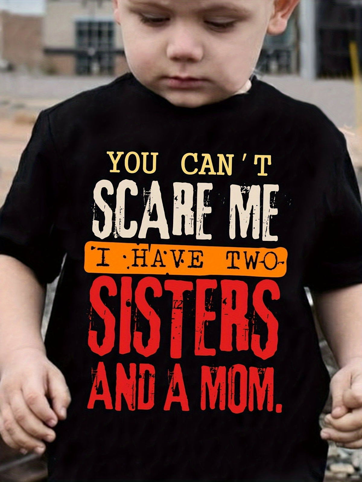 Boys' Graphic T-Shirt with Two Sisters and a Mom Slogan in Black Cotton for Casual Everyday Outfits