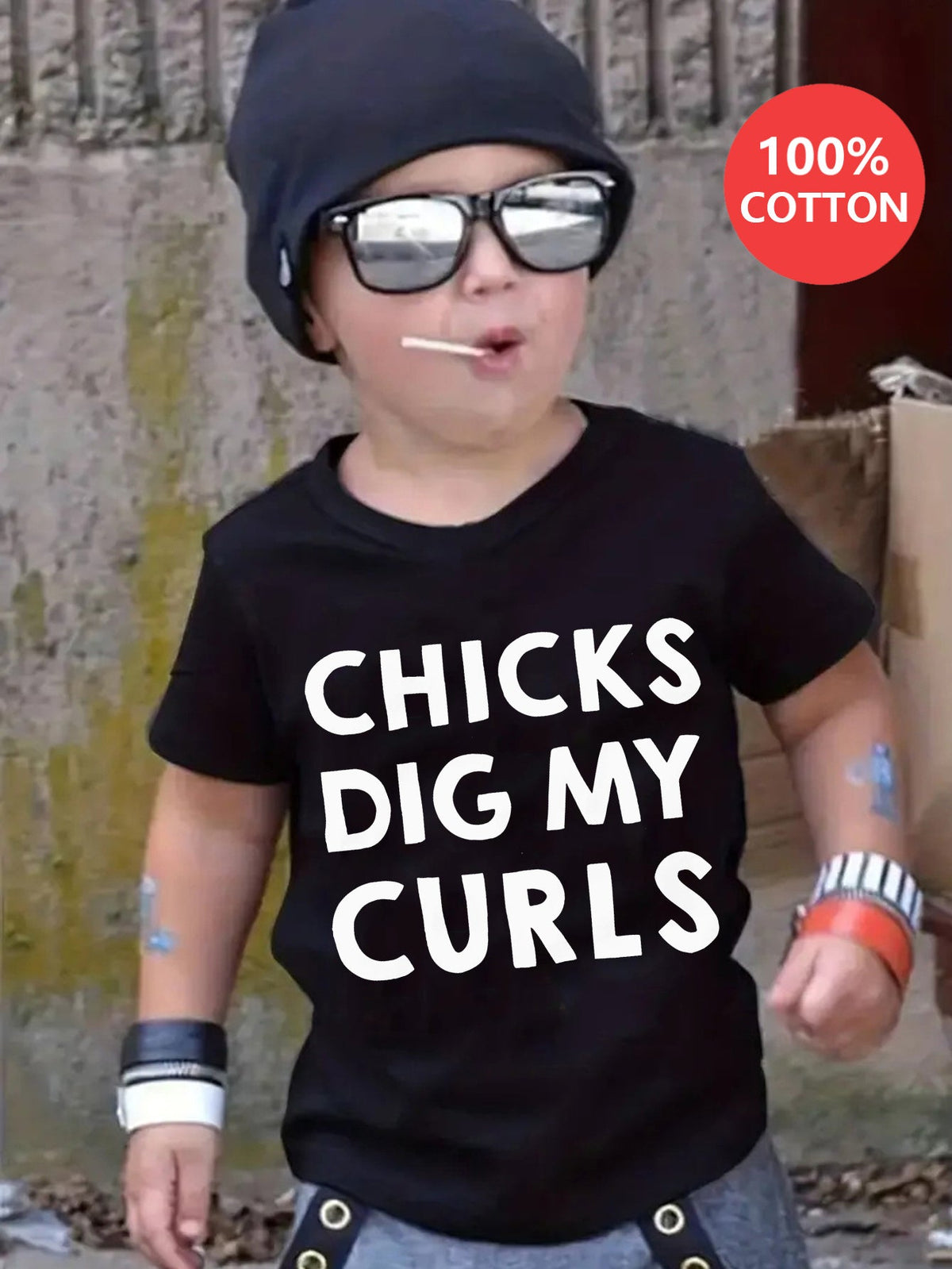 Boys' Chicks Dig My Curls Cotton T-Shirt in Black with Bold White Lettering for Everyday Casual Wear
