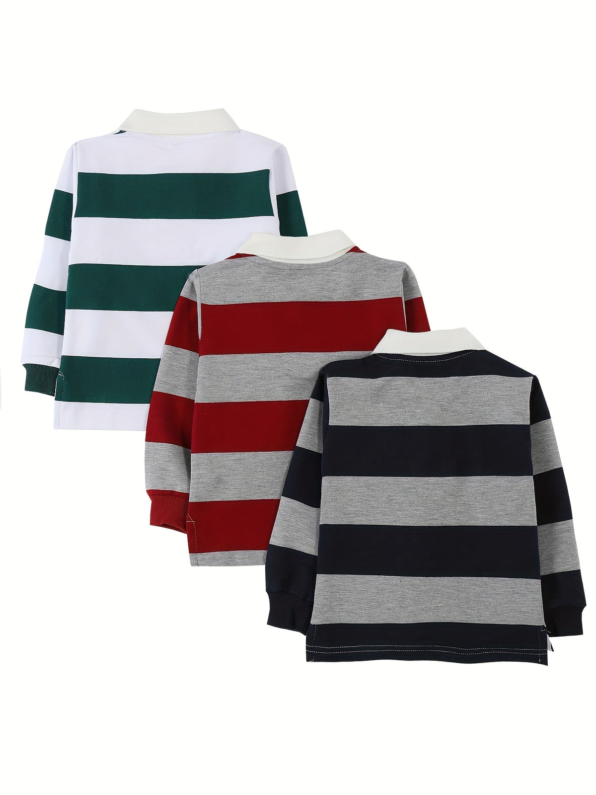 Boys' Striped Long Sleeve Polo Shirts Three Pack with Contrast Collars for Everyday Casual Dressing