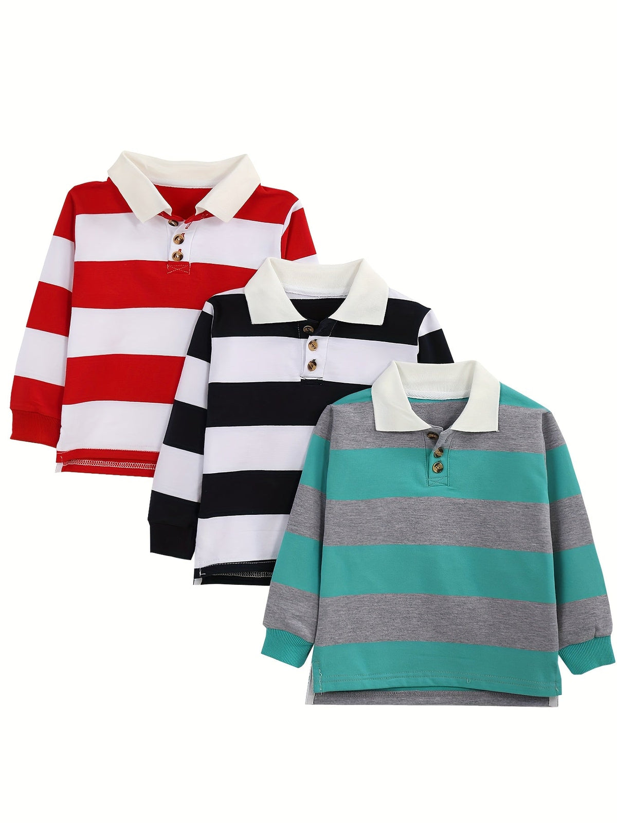 Boys' Striped Long Sleeve Polo Shirts Three Pack with Contrast Collars for Everyday Casual Dressing