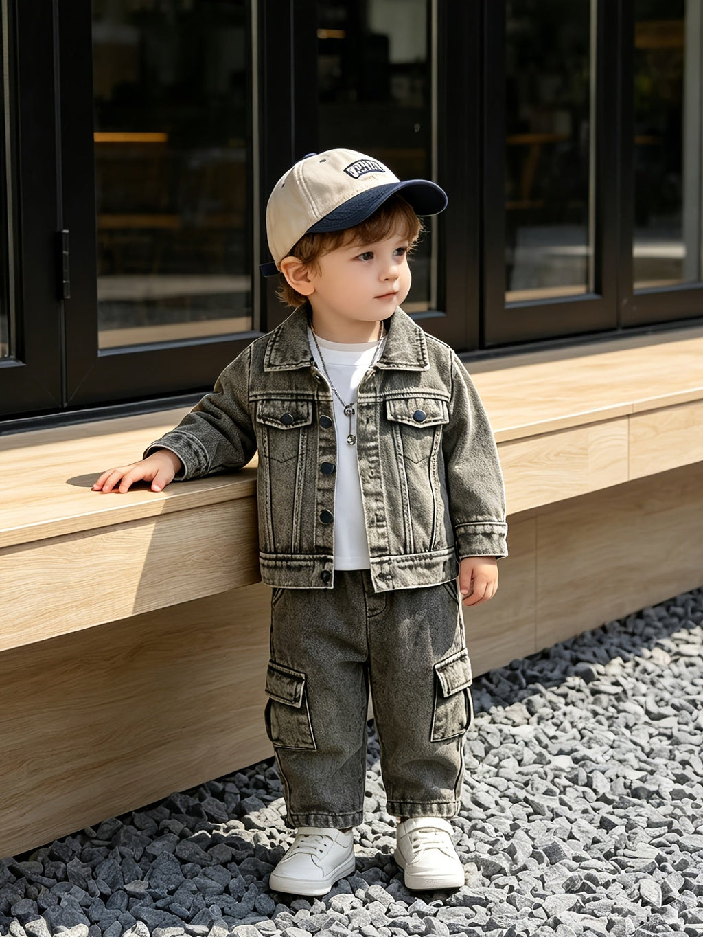 Baby Boys' Green Denim Cargo Set with a Button Front Jacket and Matching Pocket Pants for Casual Wear