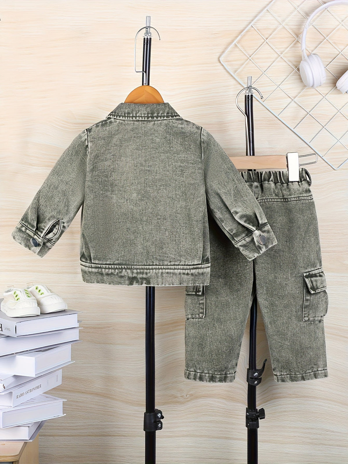 Baby Boys' Green Denim Cargo Set with a Button Front Jacket and Matching Pocket Pants for Casual Wear