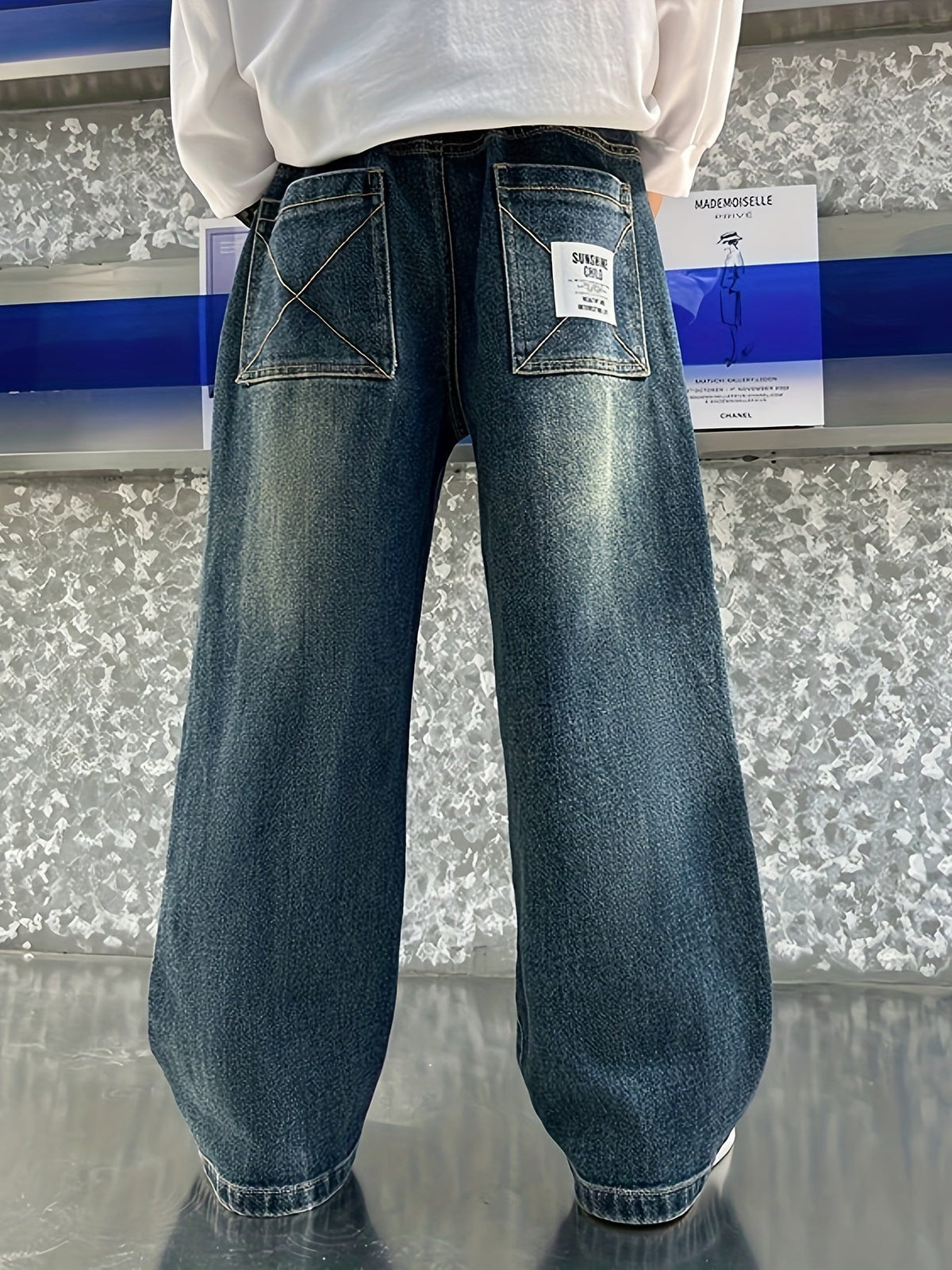 Boys' Wide Leg Denim Jeans in Washed Blue with Back Patch Pockets for Relaxed Everyday Outfits
