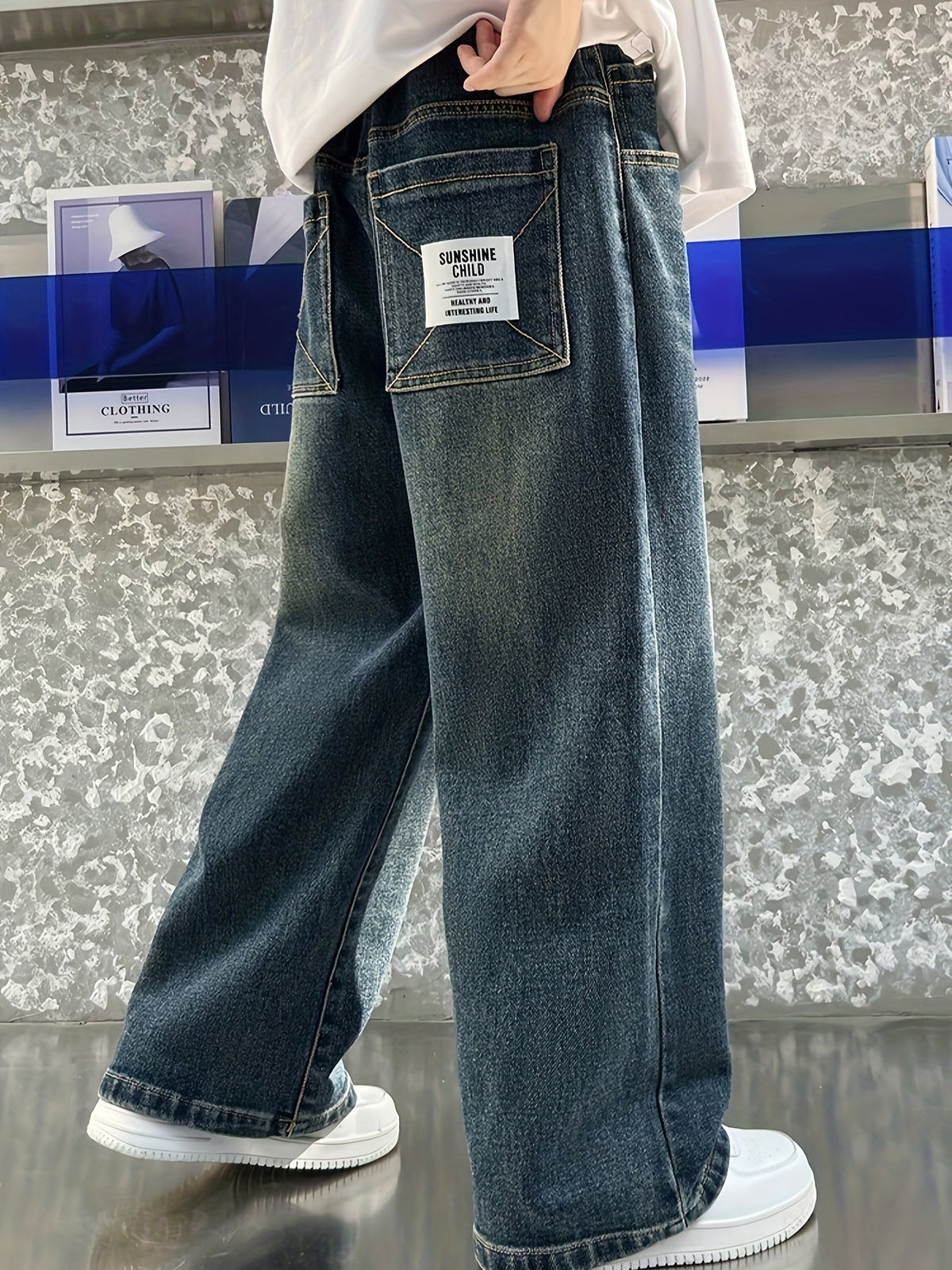 Boys' Wide Leg Denim Jeans in Washed Blue with Back Patch Pockets for Relaxed Everyday Outfits
