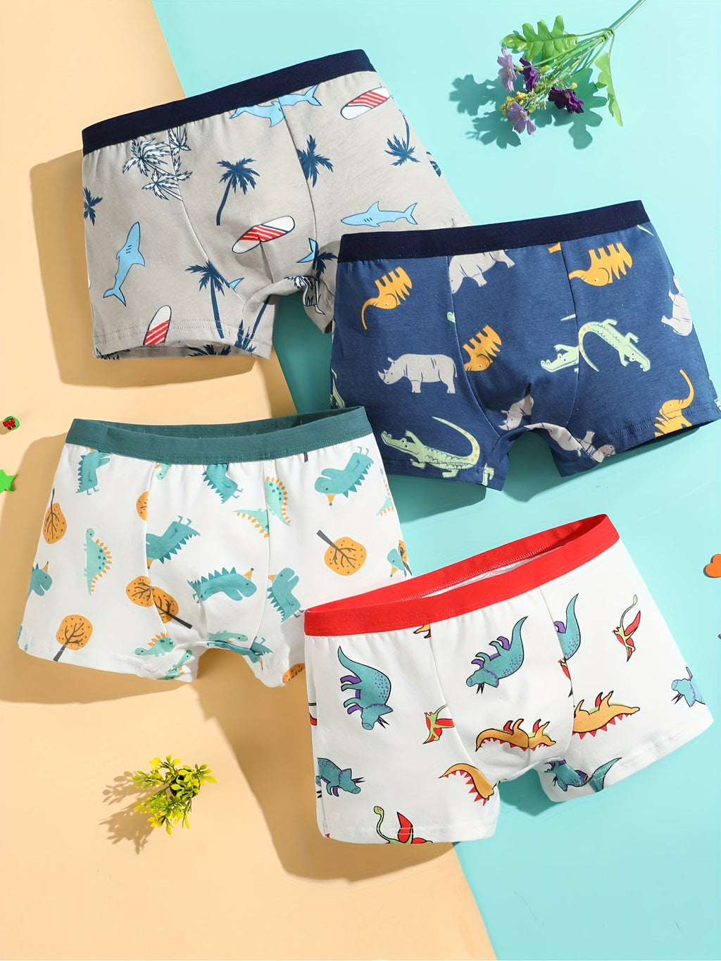 Boys' Dinosaur Boxer Briefs Eight-Pack with Mixed Colors and Contrast Elastic Waistbands for Daily Changes
