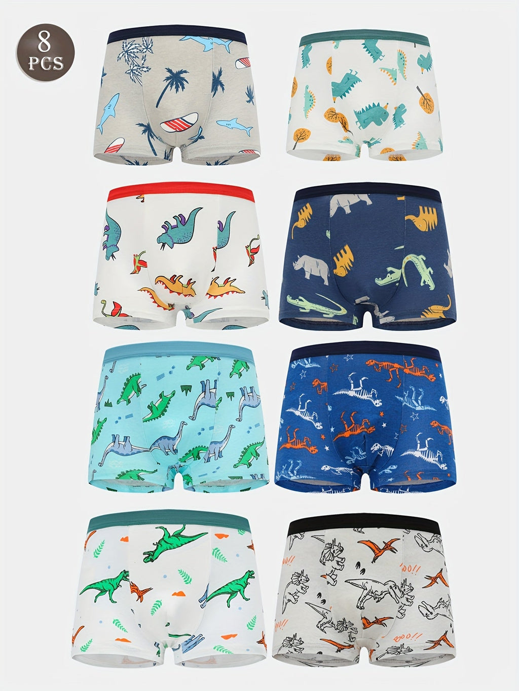 Boys' Dinosaur Boxer Briefs Eight-Pack with Mixed Colors and Contrast Elastic Waistbands for Daily Changes