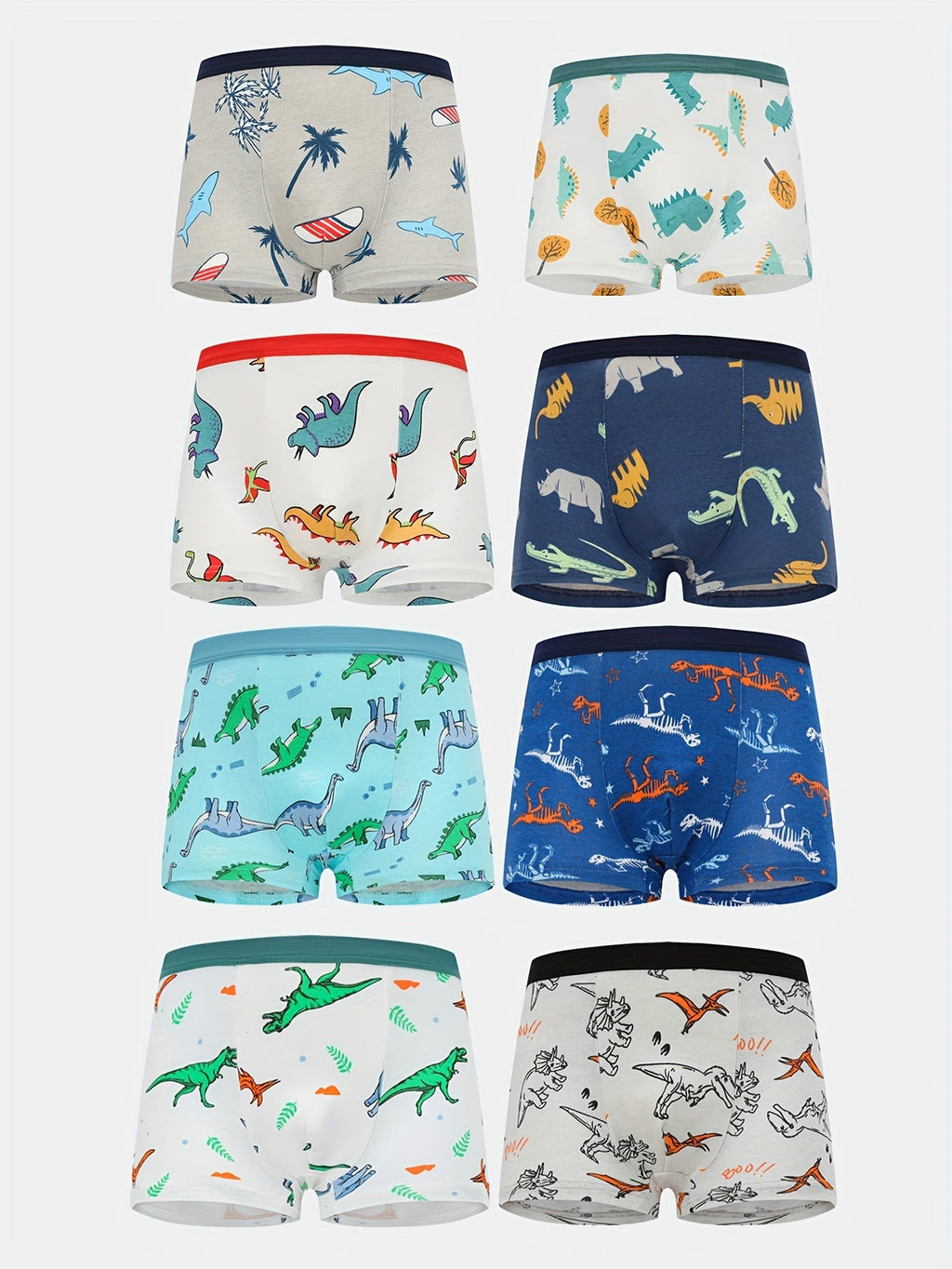 Boys' Dinosaur Boxer Briefs Eight-Pack with Mixed Colors and Contrast Elastic Waistbands for Daily Changes
