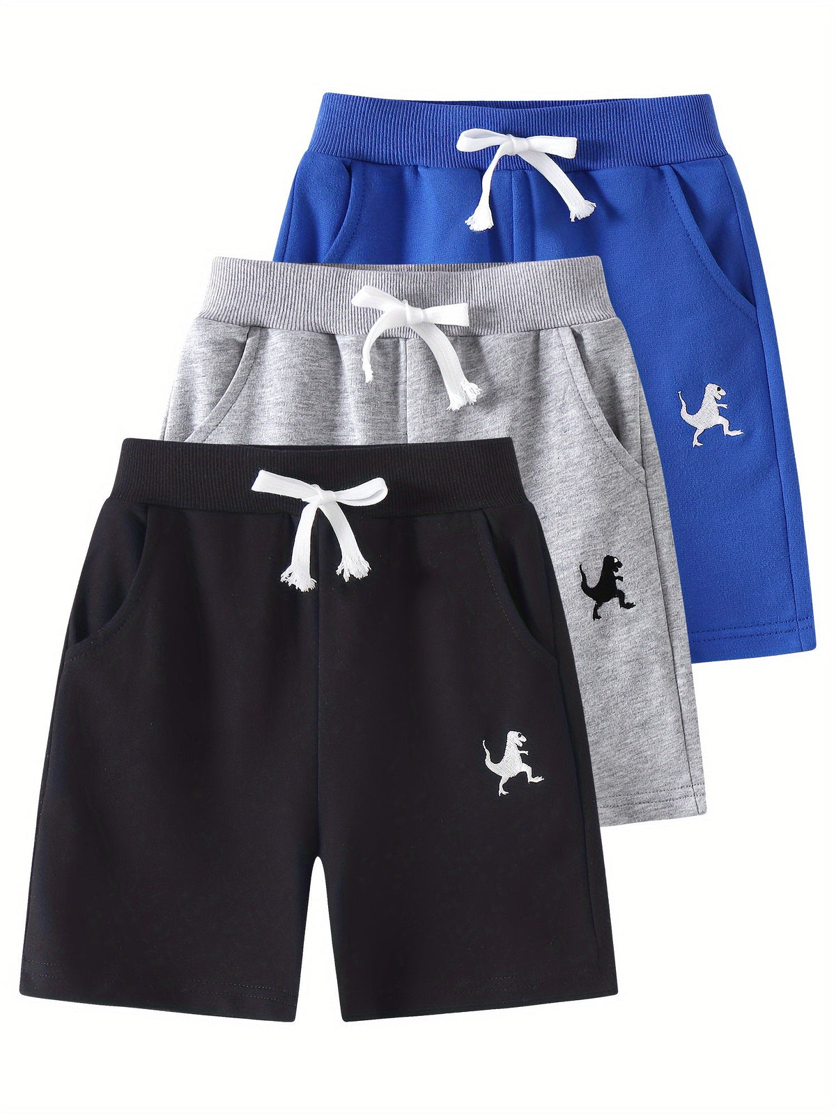 Boys' Three-Pack Dinosaur Cotton Shorts in Blue, Black and Gray with Pockets for Everyday Outfits