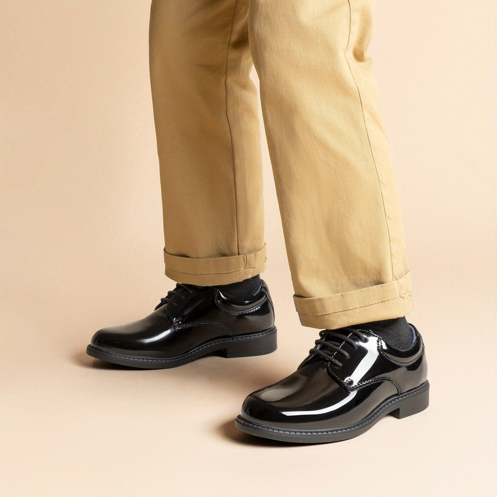 Boys' Dress Shoes in Black or White with Open Lace-Up Panels and a Plain Rounded Toe for Formal Outfits