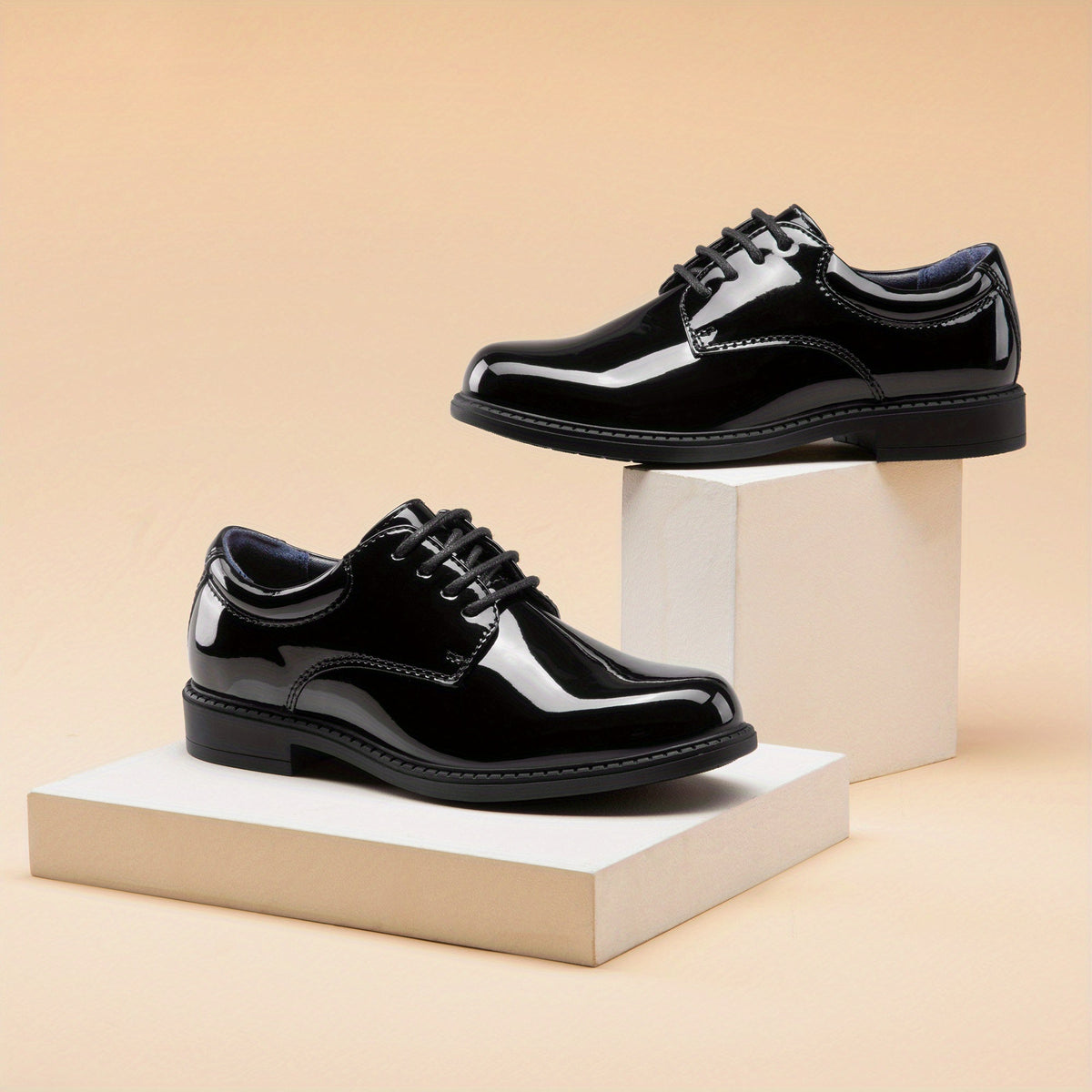 Boys' Dress Shoes in Black or White with Open Lace-Up Panels and a Plain Rounded Toe for Formal Outfits