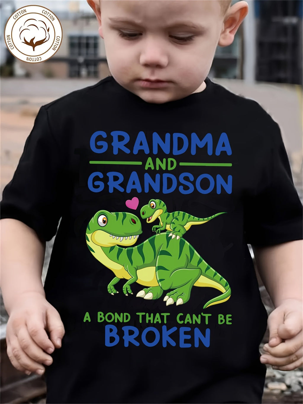 Boys' Grandma and Grandson Dinosaur T-Shirt in Black with Short Sleeves for a Playful Family-Themed Outfit