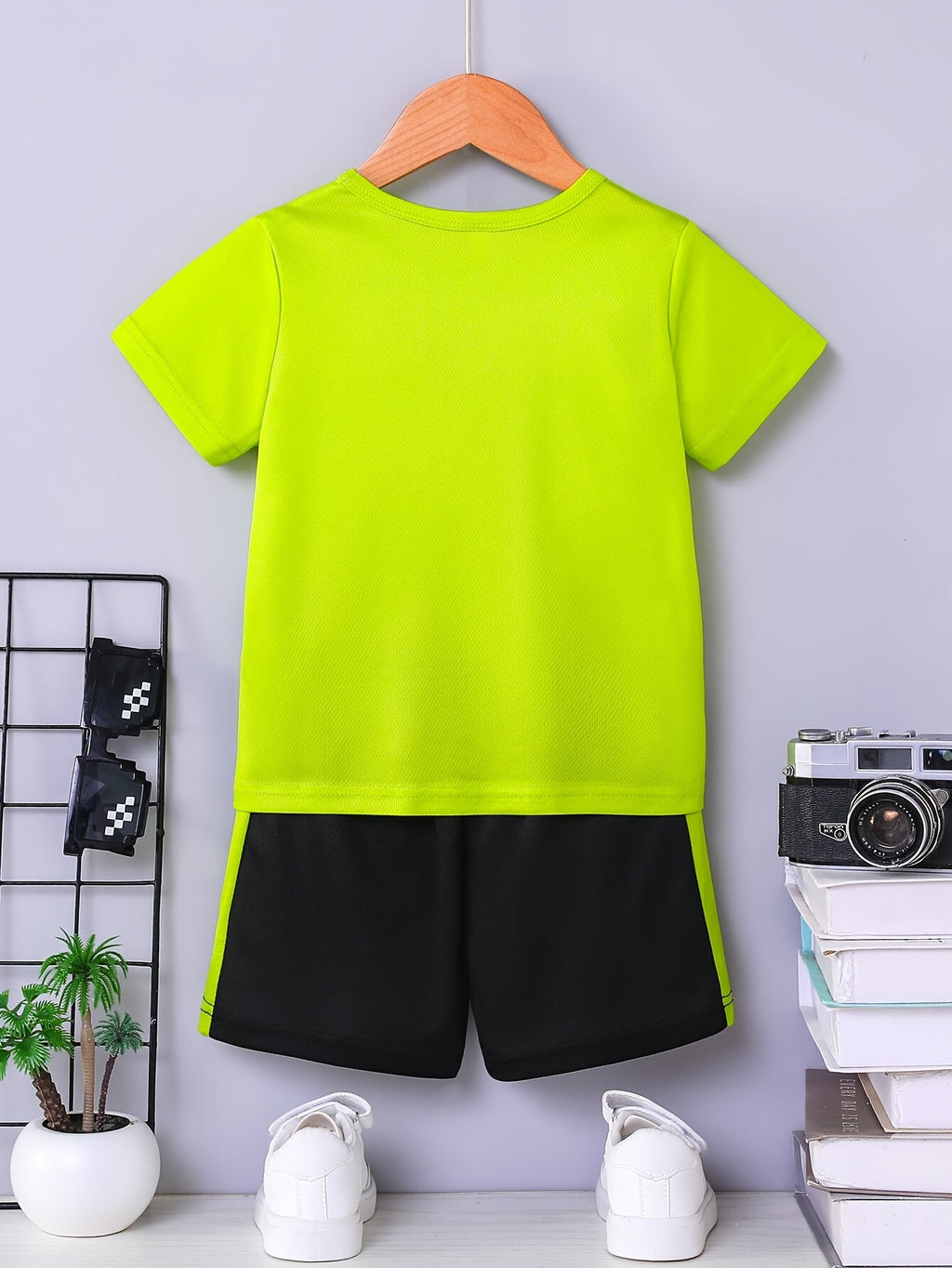 Boys' Shorts Set with a Bright SPORT Graphic T-Shirt and Contrast Stripe Shorts for Summer Activities