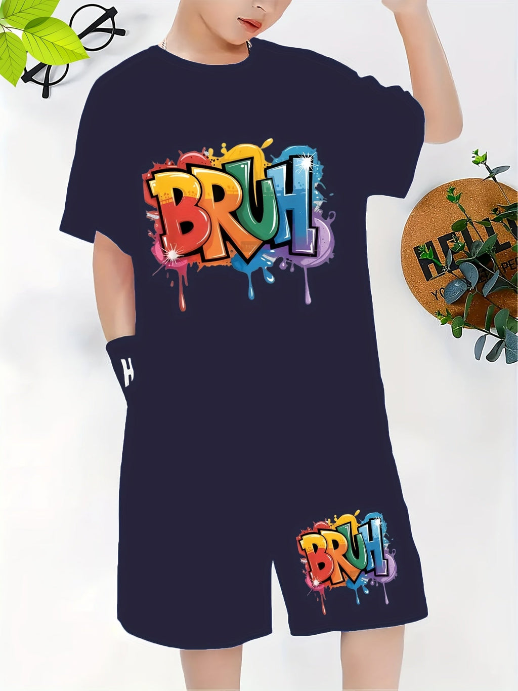 Boys' Black T-Shirt and Shorts Set with Colorful BRUH Graffiti Lettering for Casual Summer Outfits
