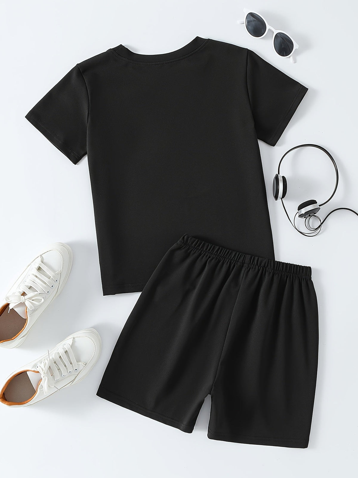 Boys' Black T-Shirt and Shorts Set with Colorful BRUH Graffiti Lettering for Casual Summer Outfits