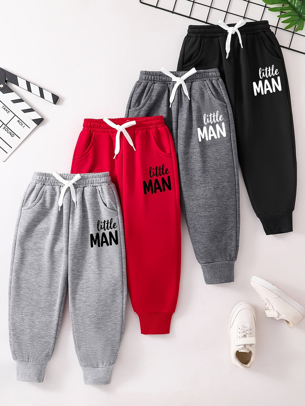 Boys' Jogger Pants Four-Pack with Little Man Lettering and Drawstring Waists for Casual Everyday Outfits