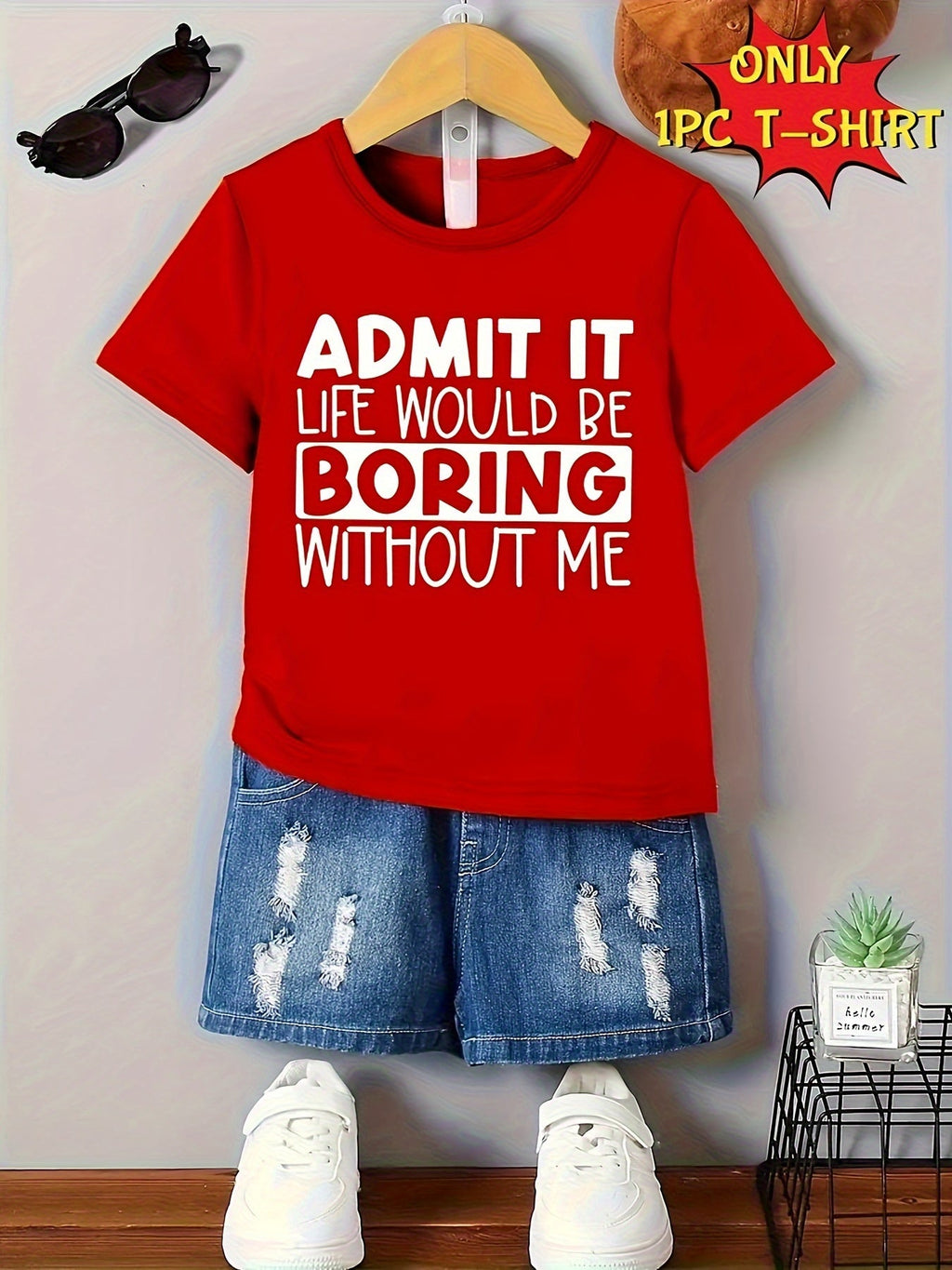 Boys' Red Cotton T-Shirt with Admit It Life Would Be Boring Without Me Lettering for Casual Summer Outfits