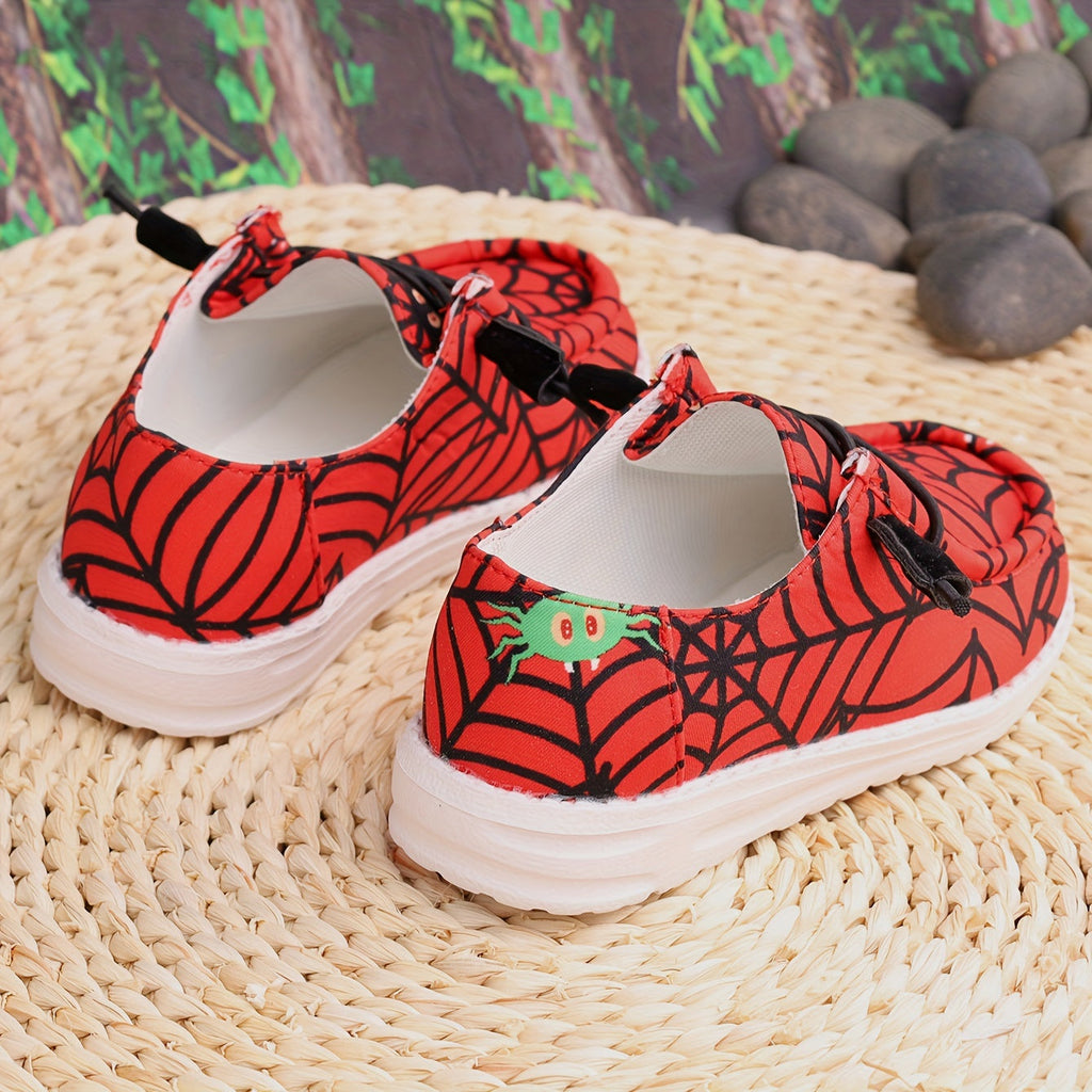 Boys' Red Printed Sneakers with Black Spiderweb Graphics and Knotted Cord Fronts for Casual Outfits
