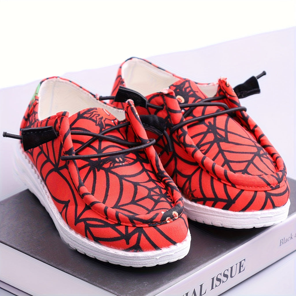Boys' Red Printed Sneakers with Black Spiderweb Graphics and Knotted Cord Fronts for Casual Outfits