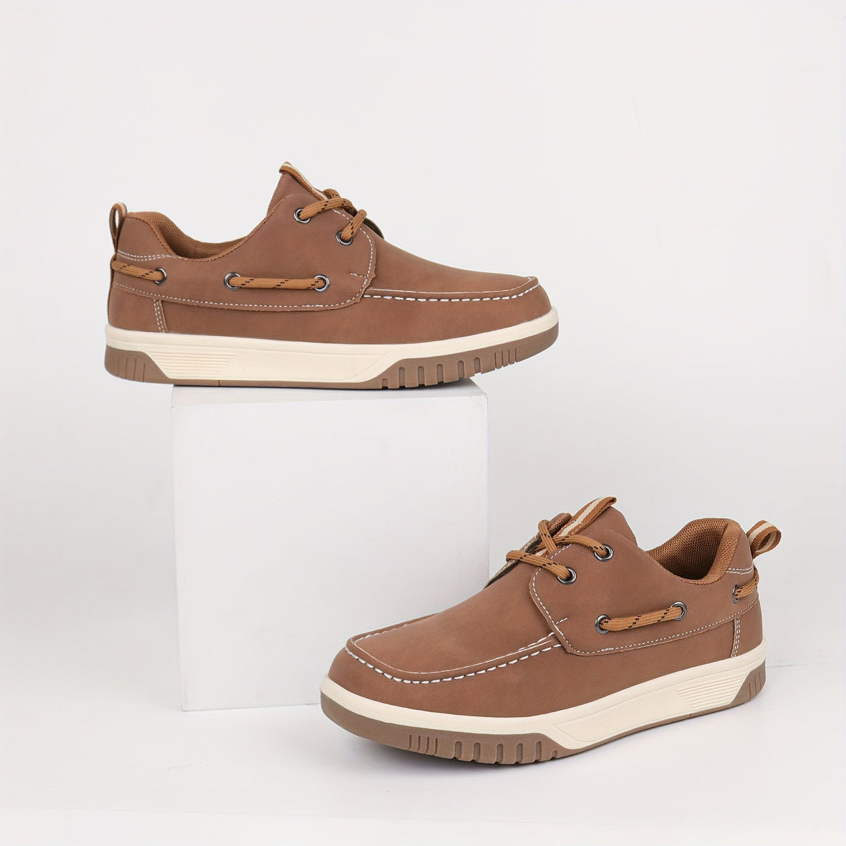 Boys' Lace Up Boat Shoes with Contrast Moc Toe Stitching and Side Lacing for School and Casual Wear