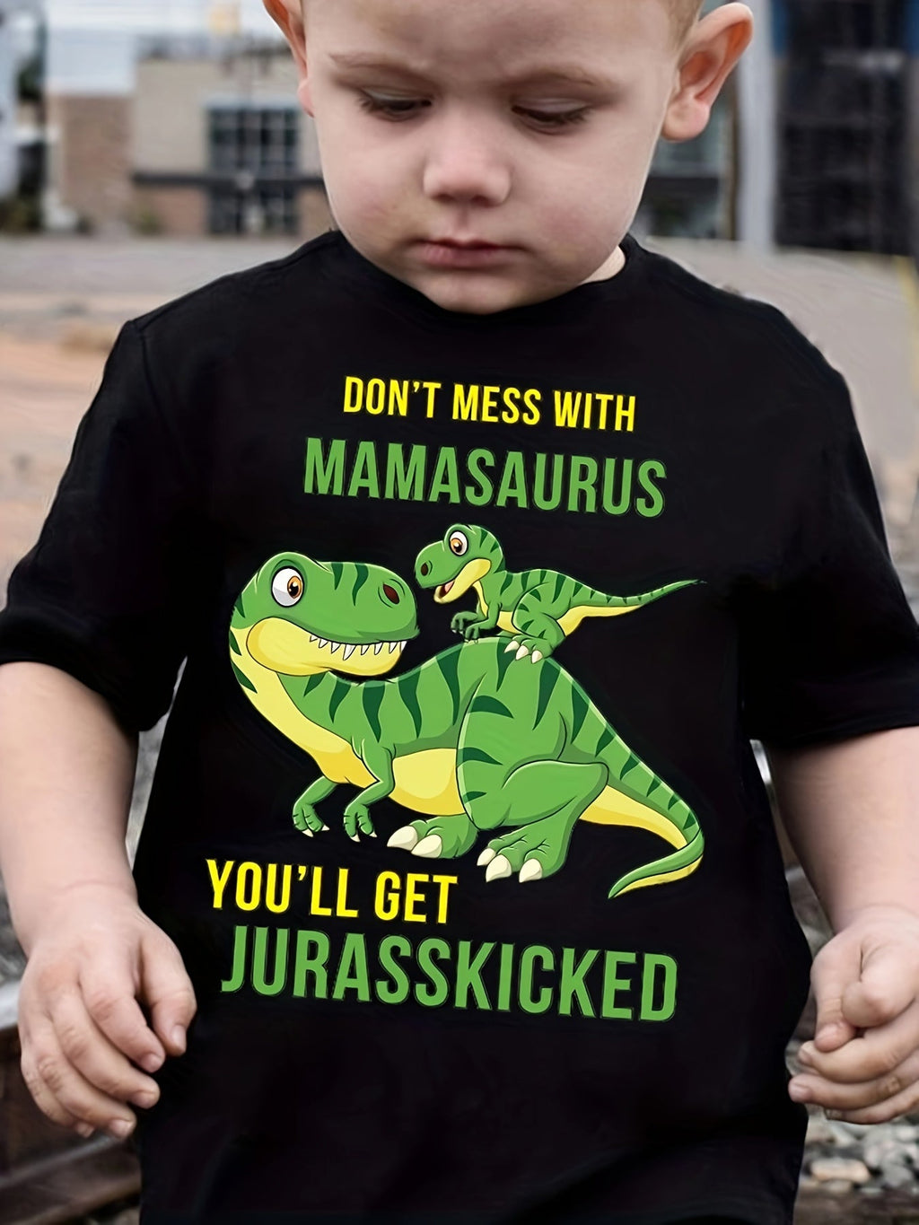 Boys' Mamasaurus T-Shirt in Black Cotton with a Dinosaur Slogan Print for Short Sleeve Casual Outfits