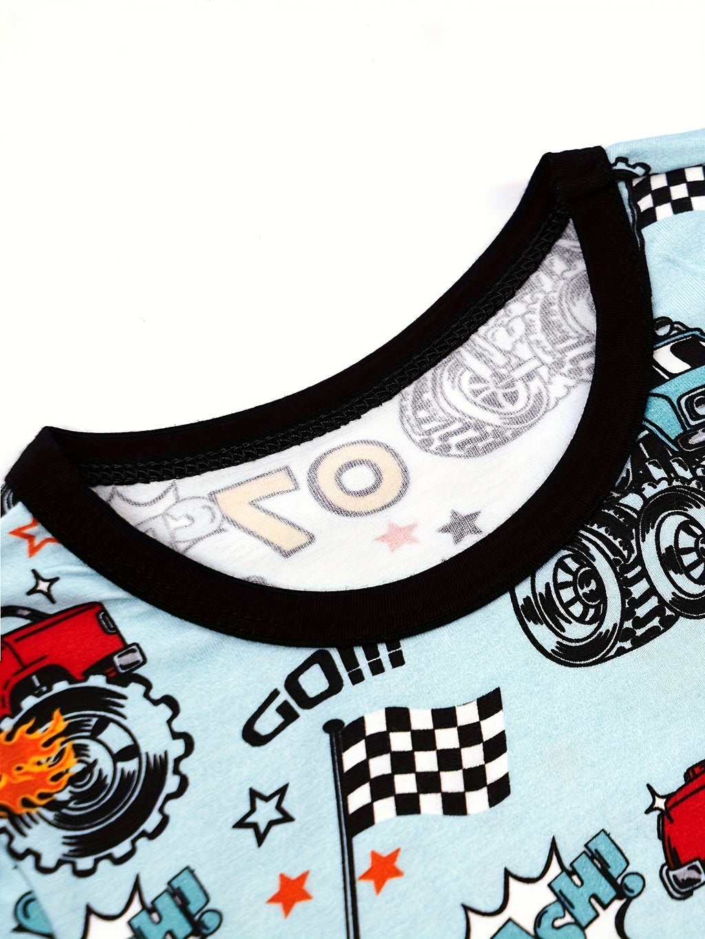 Boys' Monster Truck Pajama Set in Powder Blue with Short Sleeves and Matching Shorts for Bedtime Wear
