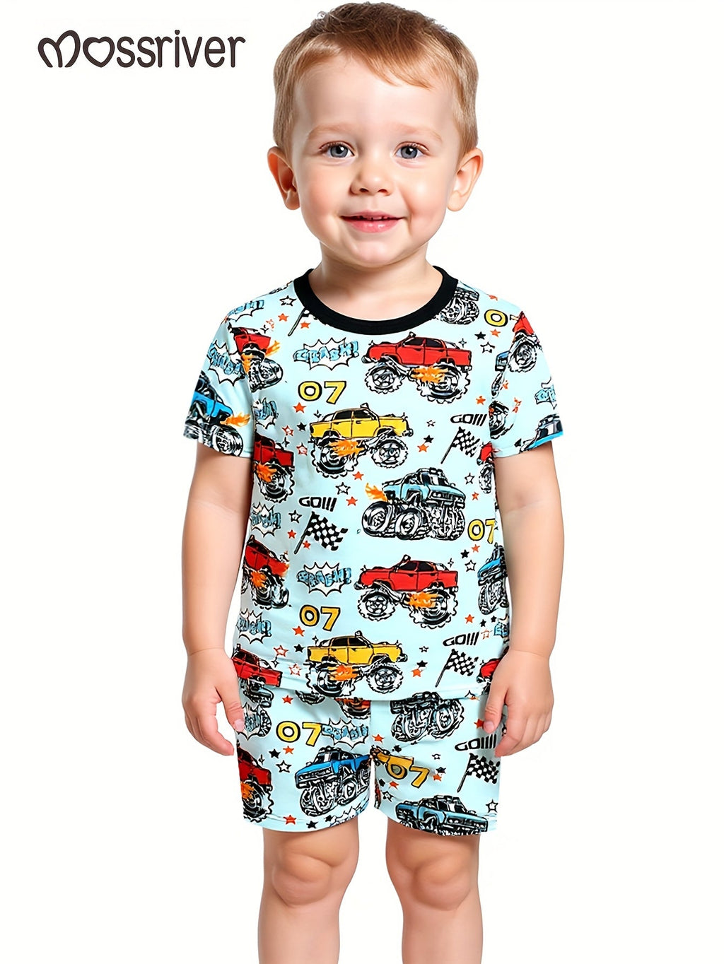 Boys' Monster Truck Pajama Set in Powder Blue with Short Sleeves and Matching Shorts for Bedtime Wear