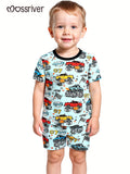 Boys' Monster Truck Pajama Set in Powder Blue with Short Sleeves and Matching Shorts for Bedtime Wear