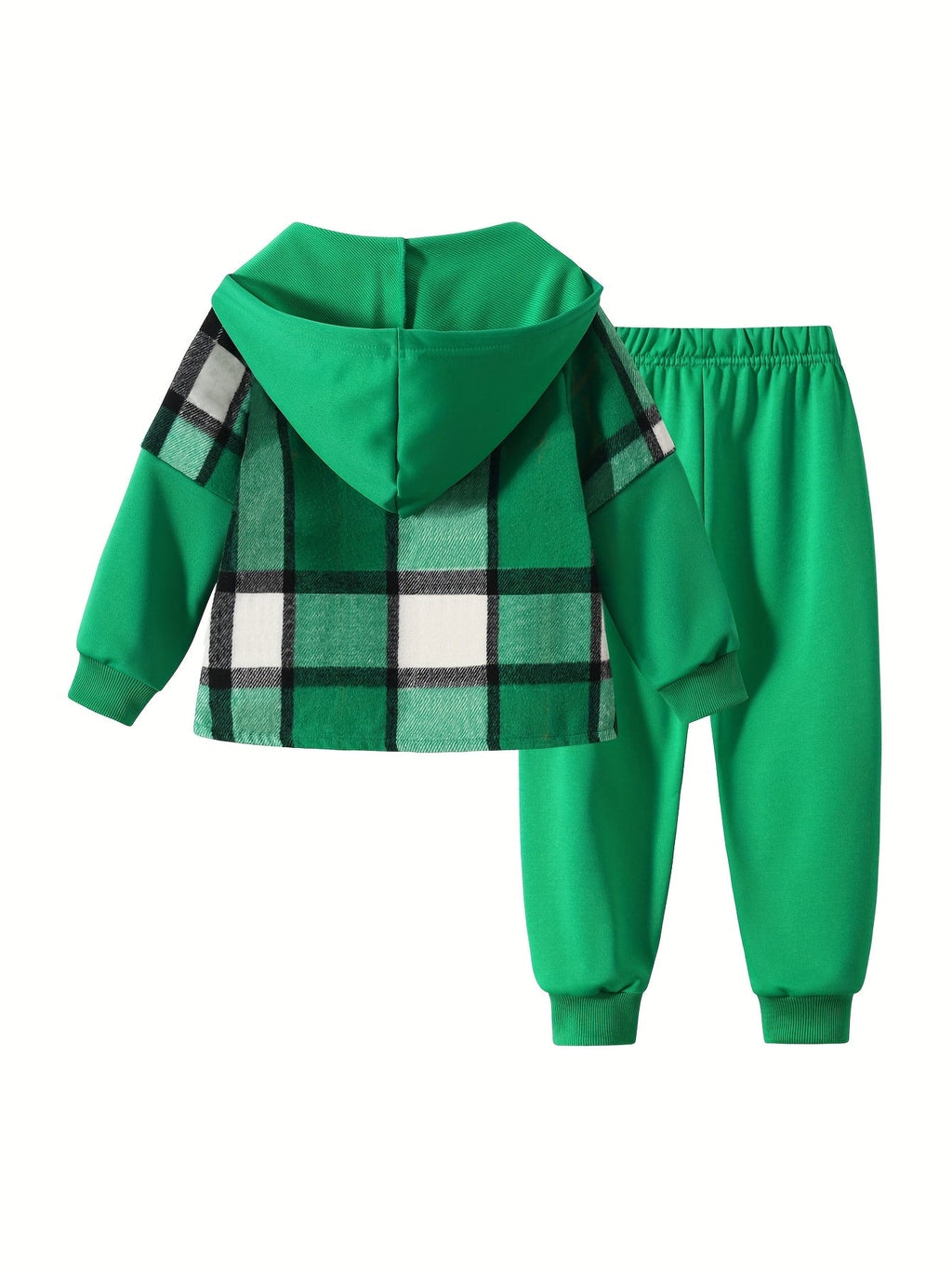 Boys' Plaid Hooded Outfit Set with a Color Block Jacket and Cargo Jogger Pants for Cool Weather Wear