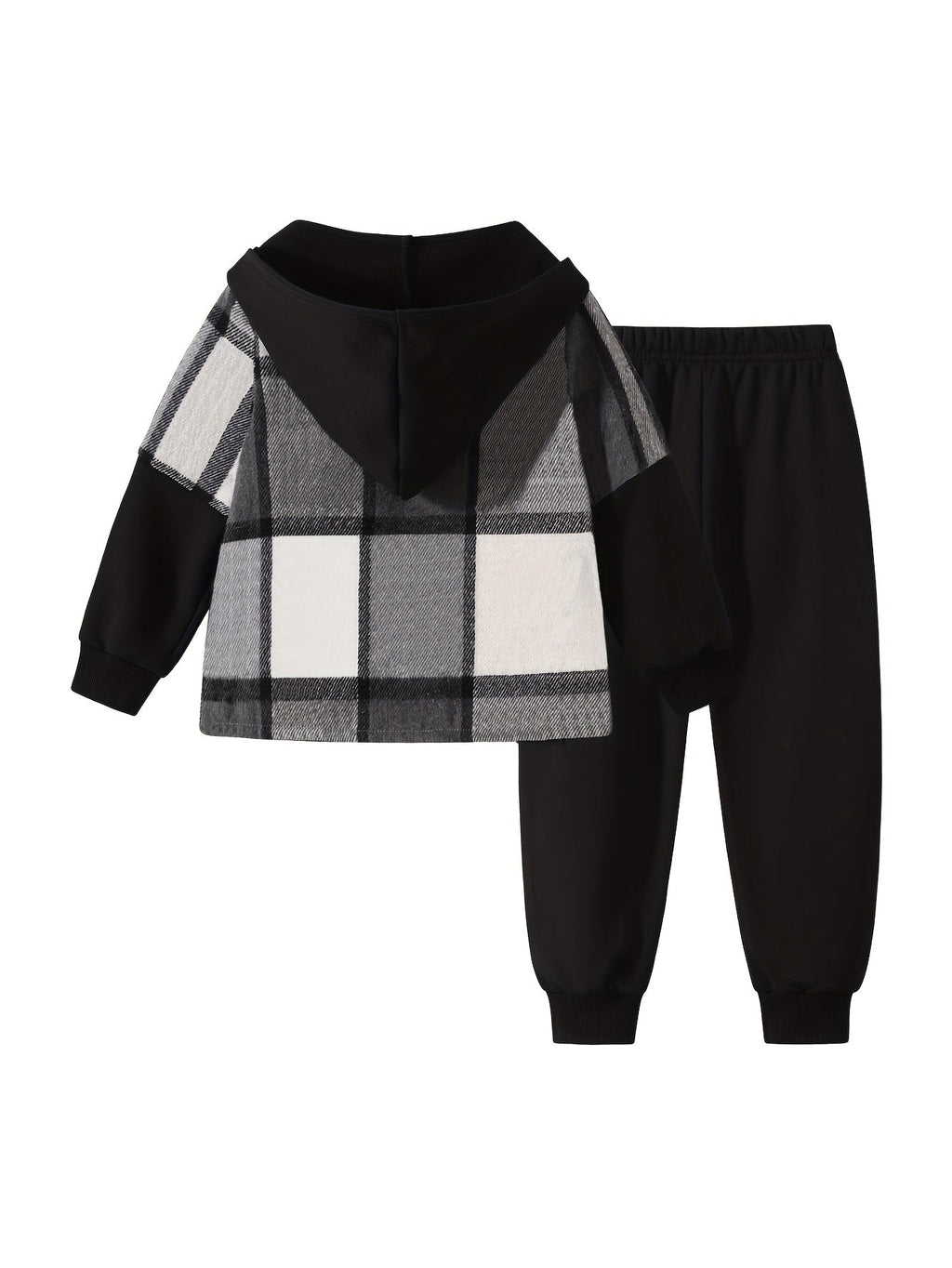 Boys' Plaid Hooded Outfit Set with a Color Block Jacket and Cargo Jogger Pants for Cool Weather Wear