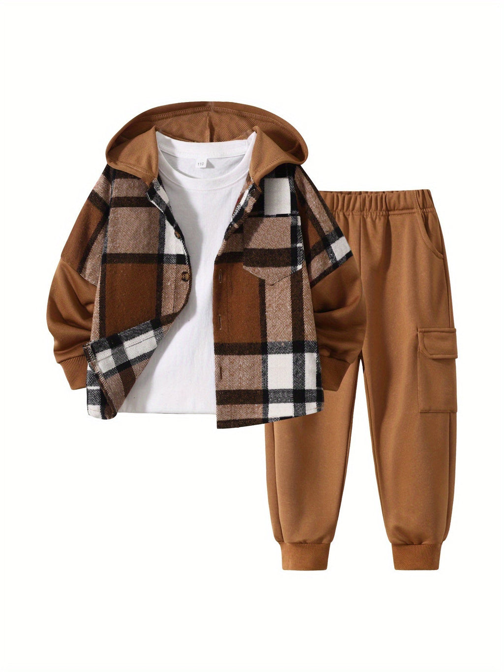 Boys' Plaid Hooded Outfit Set with a Color Block Jacket and Cargo Jogger Pants for Cool Weather Wear