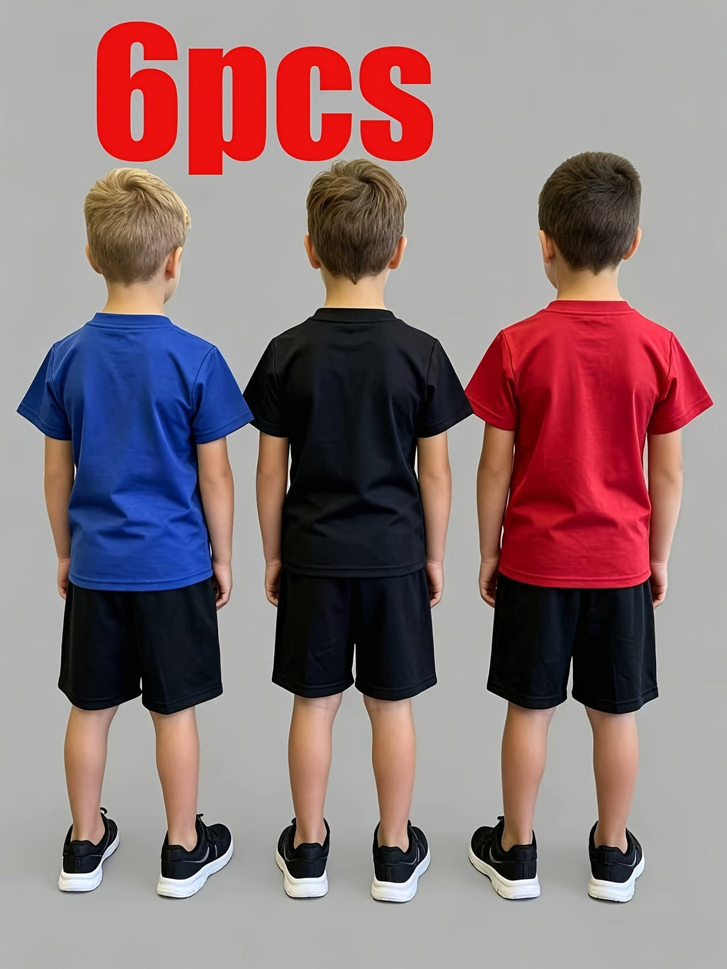 Boys' Soccer T-Shirt and Shorts Sets in Black, Blue and Red with Three Tops and Three Pairs of Shorts