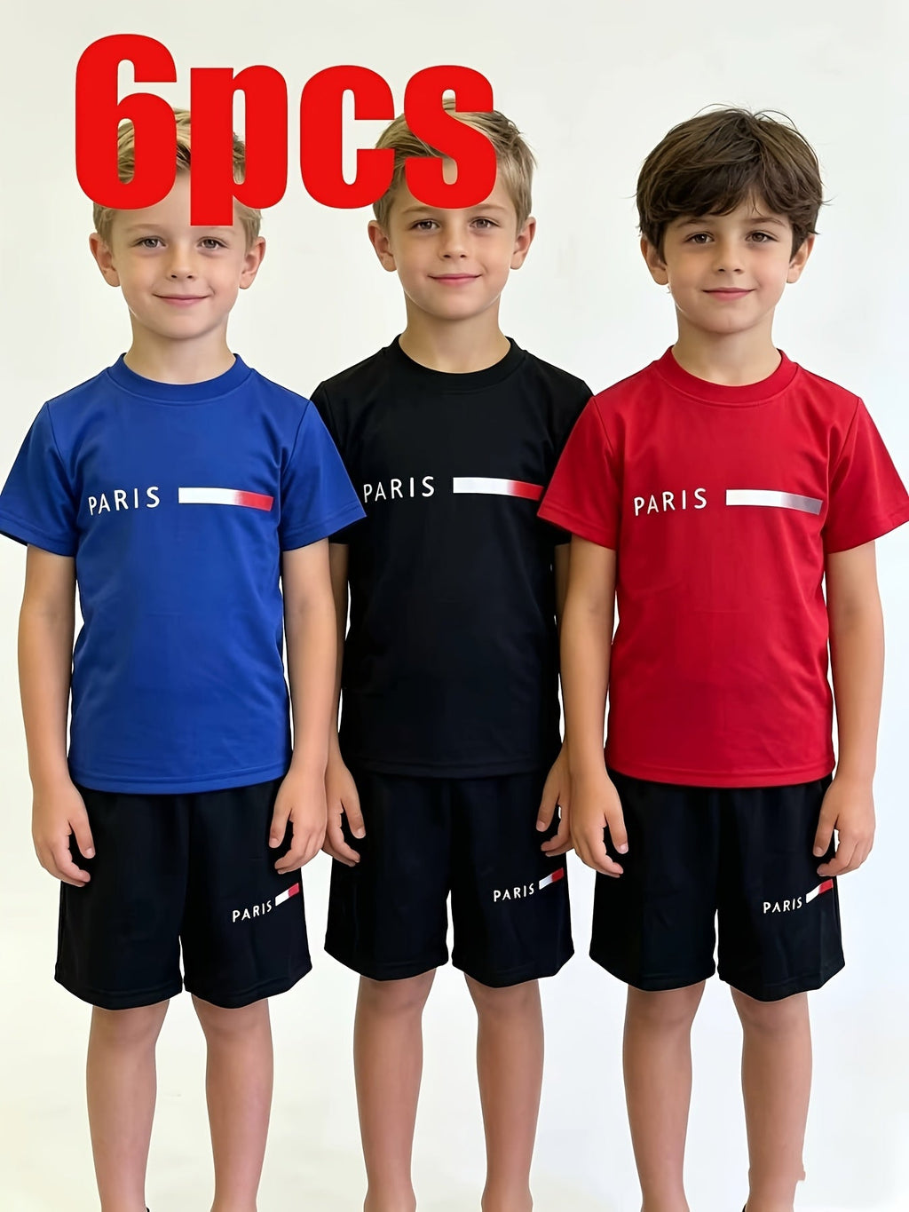 Boys' Calvin Letter T-Shirt and Shorts Sets 6-Piece Pack in Black, Blue and Red for Everyday Outfits