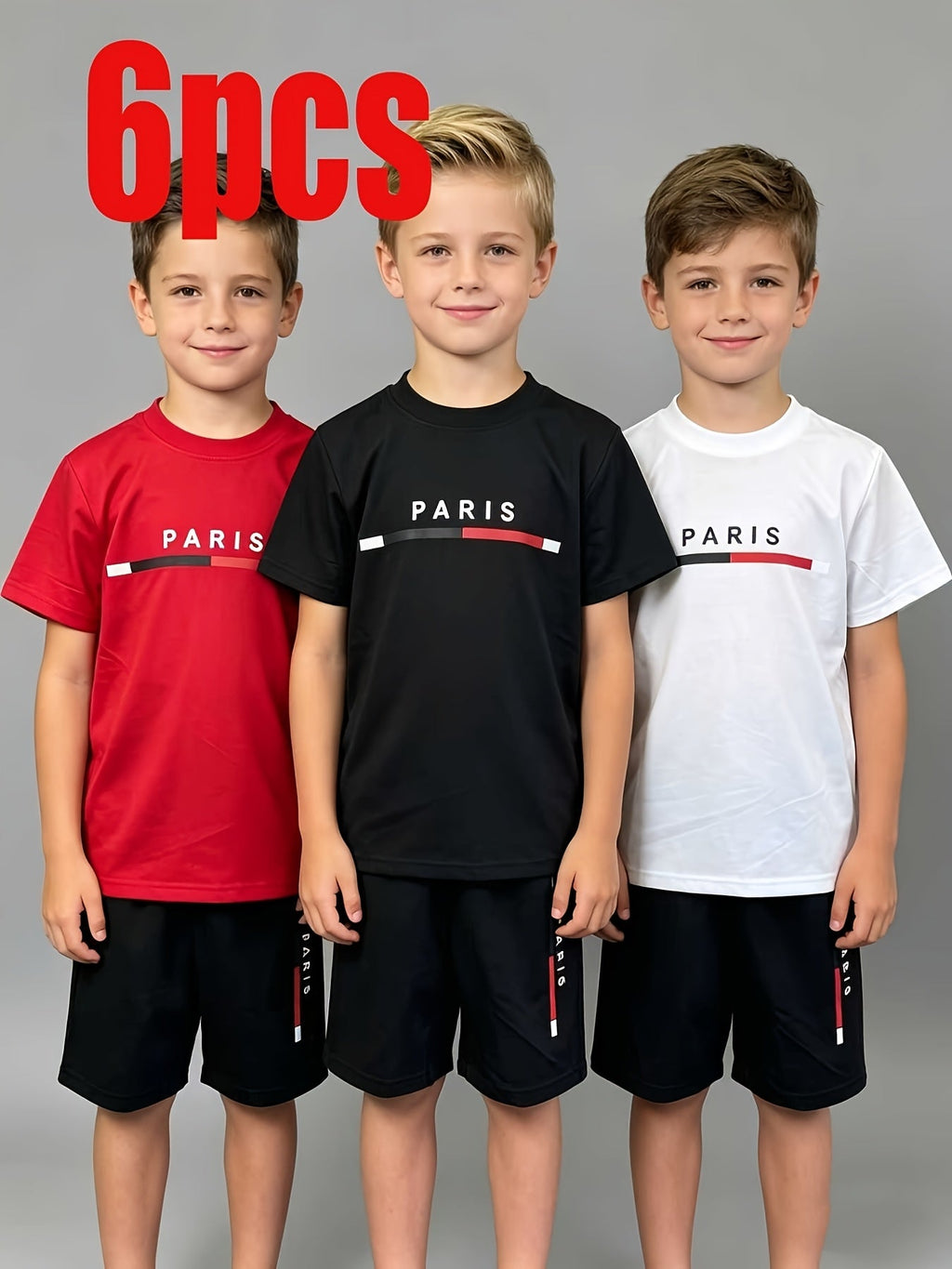 Boys' Calvin Letter T-Shirt and Shorts Sets 6-Piece Pack in Black, Blue and Red for Everyday Outfits