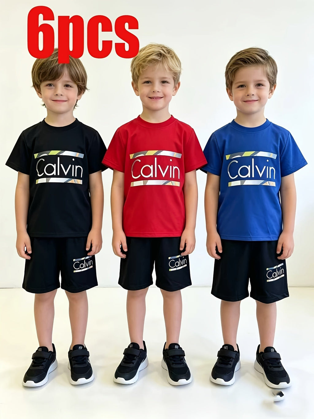 Boys' Calvin Letter T-Shirt and Shorts Sets 6-Piece Pack in Black, Blue and Red for Everyday Outfits