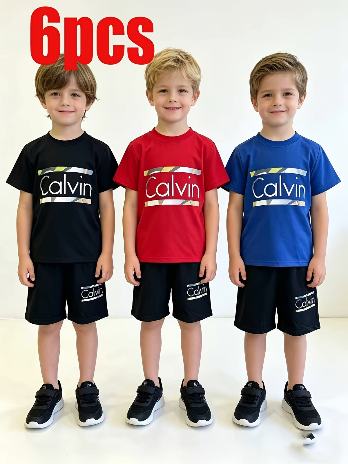 Boys' Calvin Letter T-Shirt and Shorts Sets 6-Piece Pack in Black, Blue and Red for Everyday Outfits