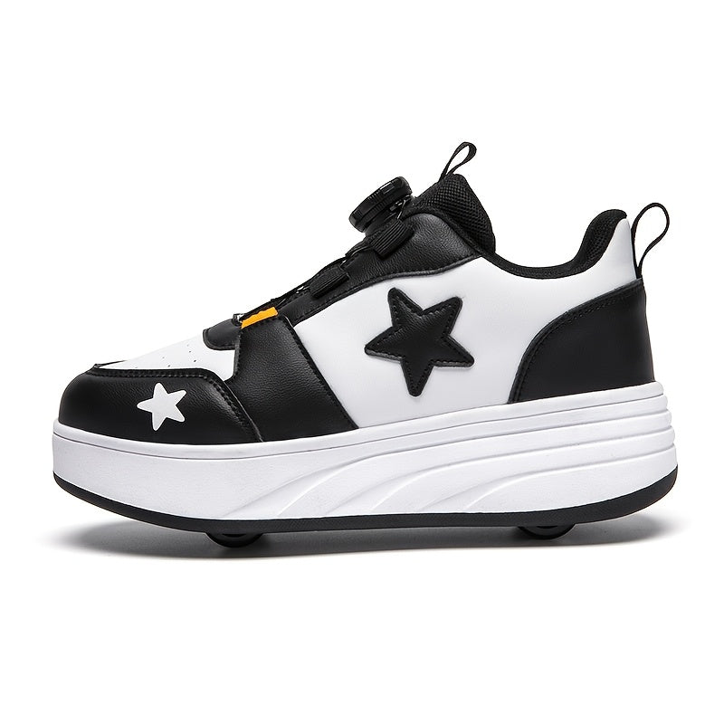 Boys Roller Shoes with Removable Wheels and Dial Fastenings in Black-and-White Two- or Four-Wheel Styles