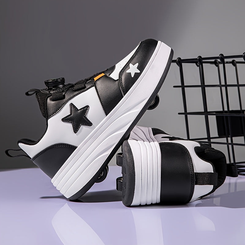 Boys Roller Shoes with Removable Wheels and Dial Fastenings in Black-and-White Two- or Four-Wheel Styles
