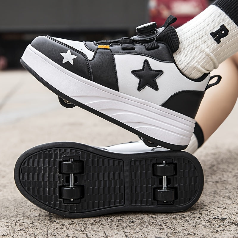 Boys Roller Shoes with Removable Wheels and Dial Fastenings in Black-and-White Two- or Four-Wheel Styles