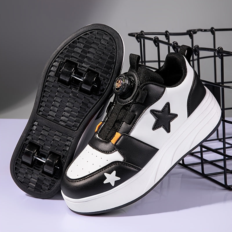 Boys Roller Shoes with Removable Wheels and Dial Fastenings in Black-and-White Two- or Four-Wheel Styles