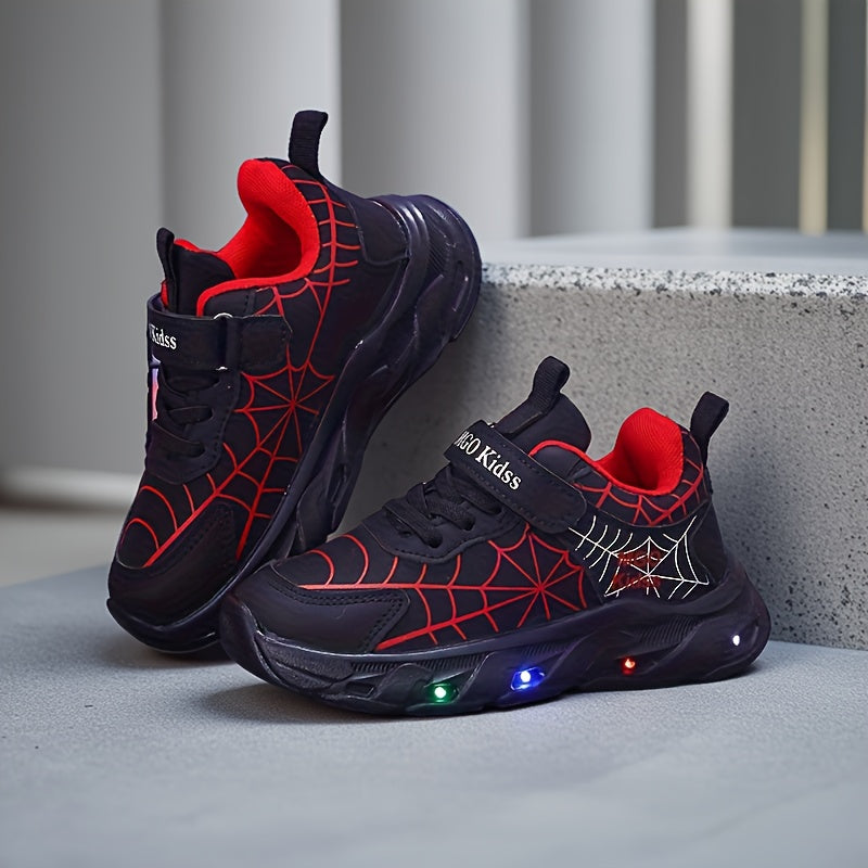Boys' Light-Up Sneakers with Spiderweb Graphics and an Instep Strap in Red, Black or Blue for Playtime