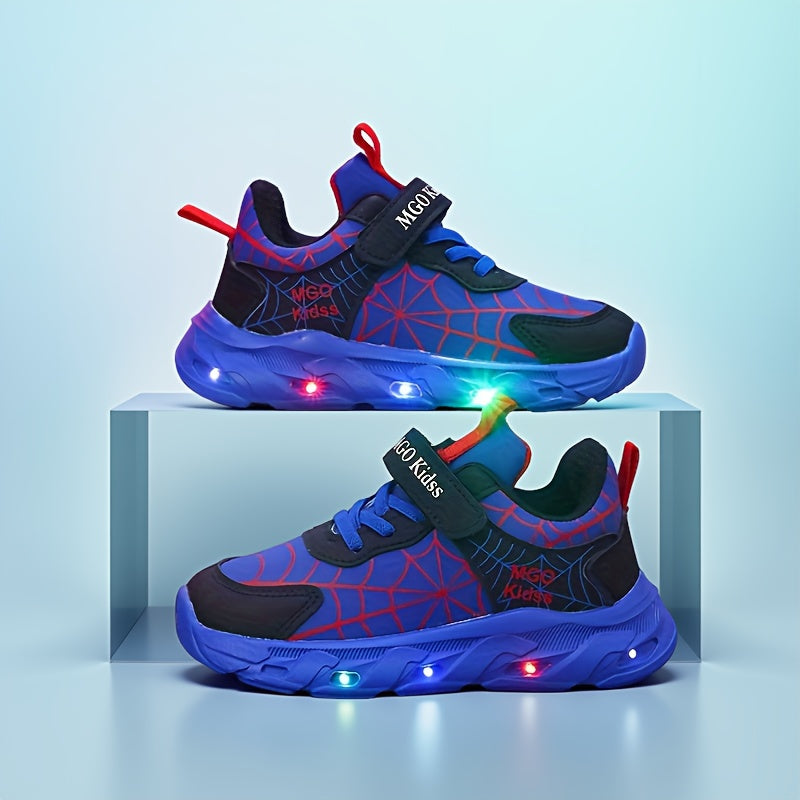 Boys' Light-Up Sneakers with Spiderweb Graphics and an Instep Strap in Red, Black or Blue for Playtime