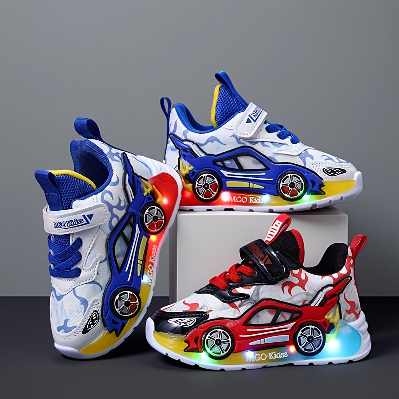 Kids Sneakers with Light-Up Car-Shaped Side Details and Front Straps in Red or Blue for Everyday Play