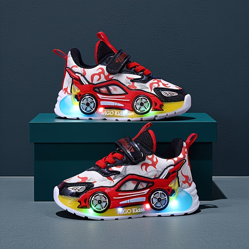 Kids Sneakers with Light-Up Car-Shaped Side Details and Front Straps in Red or Blue for Everyday Play