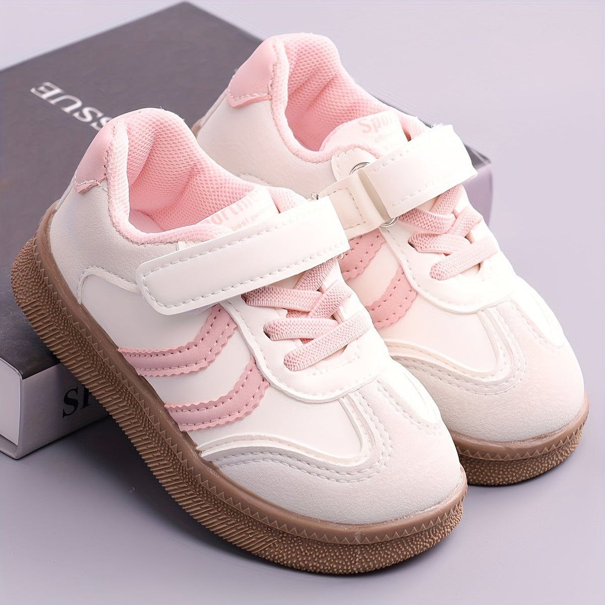 Toddler Striped Sneakers with Hook-and-Loop Top Straps and Tan Soles for Everyday Casual Outfits