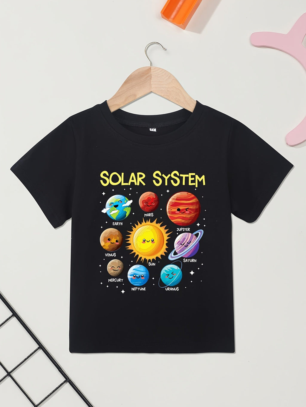 Boys' Solar System Cotton T-Shirt in Black with Colorful Cartoon Planets for Everyday Space-Themed Outfits