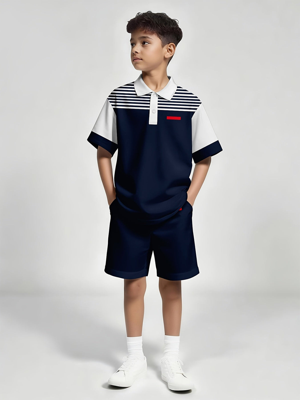 Boys' Striped Polo Outfit Set with a Navy and White Short Sleeve Shirt and Matching Shorts for Summer